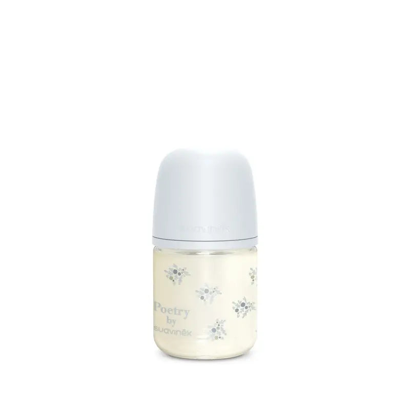 Suavinex Glass Bottle 120 Ml, Slow Flow (S), +0 Months, Blue Poetry