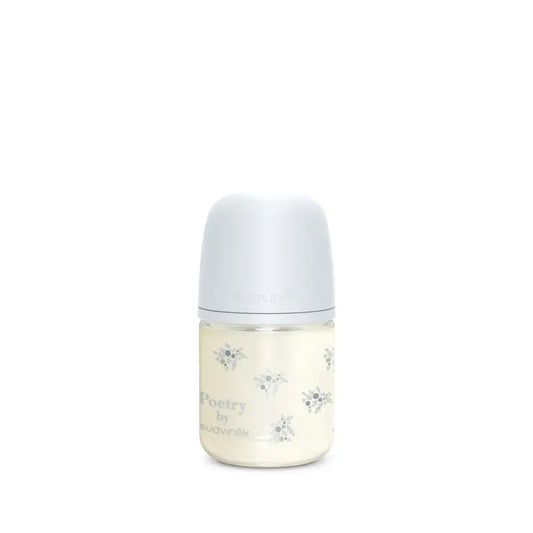 Suavinex Glass Bottle 120 Ml, Slow Flow (S), +0 Months, Blue Poetry