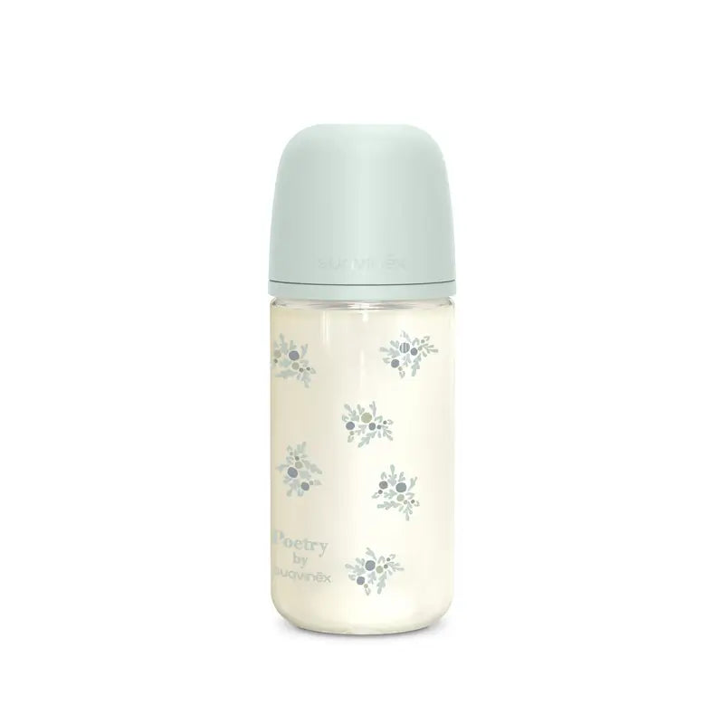 Suavinex Baby Bottle Glass 240 Ml, Medium Flow (M), +3 Months, Blue Poetry