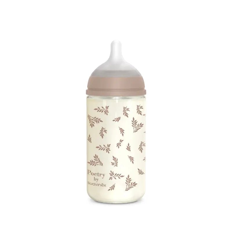 Suavinex Baby Bottle Glass 240 Ml, Medium Flow (M), +3 Months, Poetry Beige
