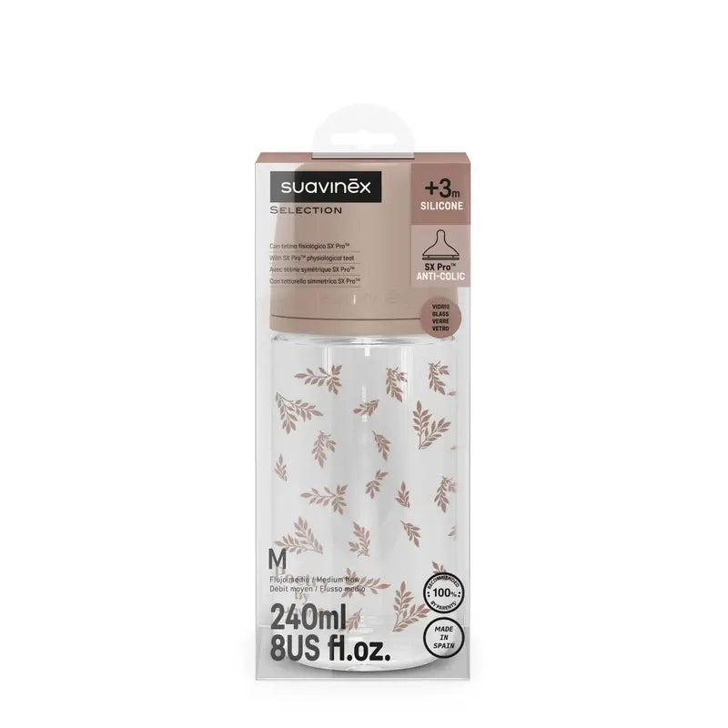 Suavinex Baby Bottle Glass 240 Ml, Medium Flow (M), +3 Months, Poetry Beige