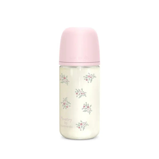 Suavinex Baby Bottle Glass 240 Ml, Medium Flow (M), +3 Months, Pink Poetry