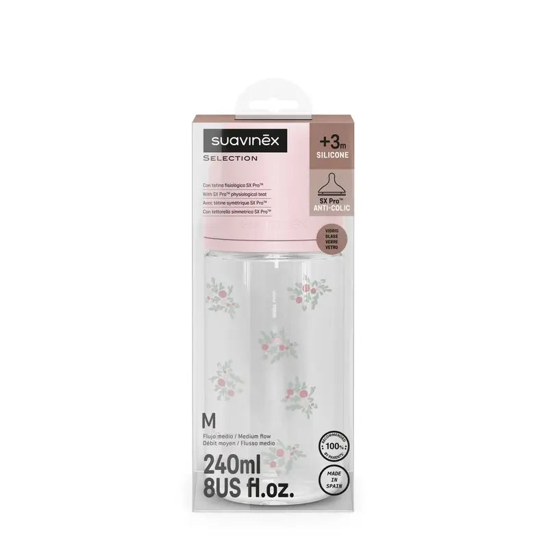 Suavinex Baby Bottle Glass 240 Ml, Medium Flow (M), +3 Months, Pink Poetry