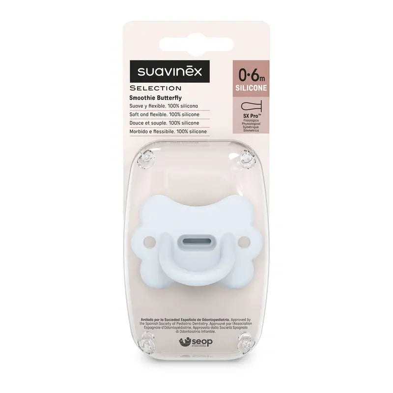 Suavinex Pacifier All Silicone Physiological Sx Pro, 0/6 Months, Butterfly Ballad Blue