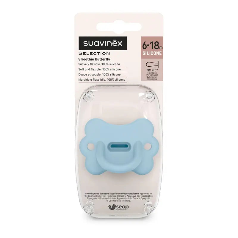 Suavinex Pacifier All Silicone Physiological Sx Pro, 6/18 Months, Butterfly Infinity Blue