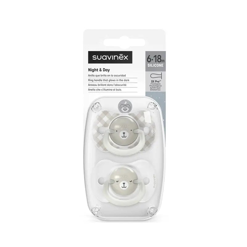 Suavinex Night & Day Night Soothers Sx Pro Teat 6/18 Months Grey, 2 units
