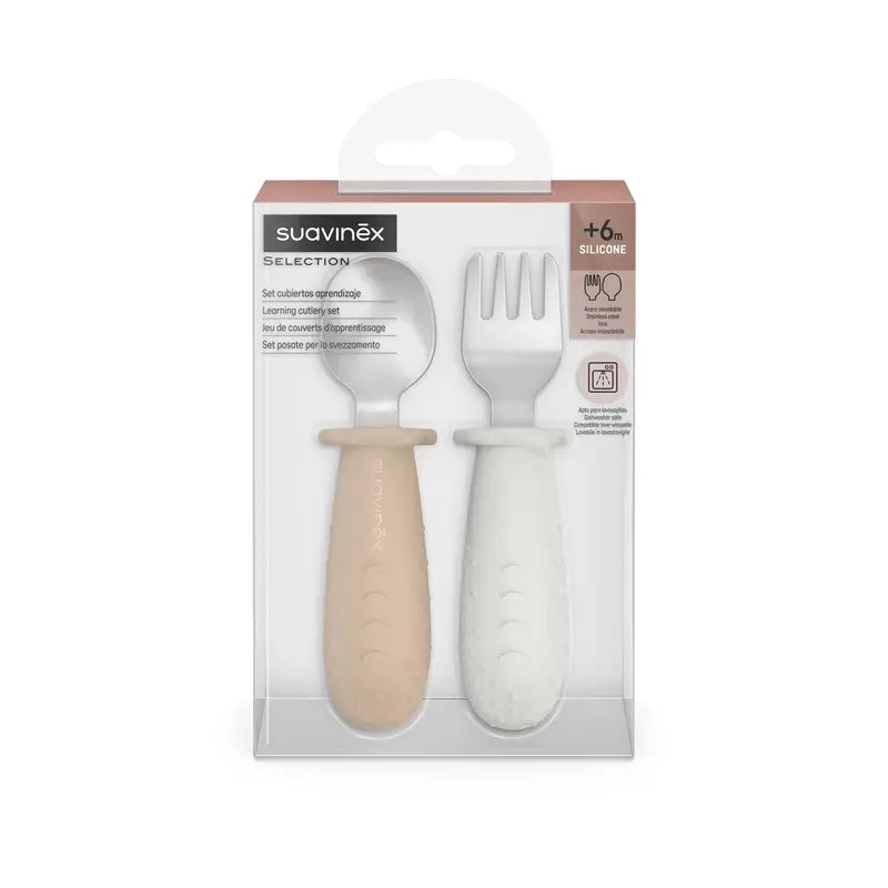 Suavinex Cutlery Learning Stainless Steel, +6 Months, Beige
