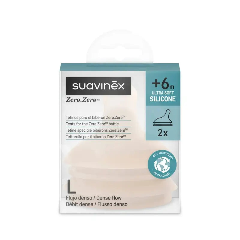 Suavinex Pack 2 Teats Zero Zero Dense Flow (L), +6 Months, Light