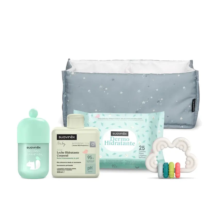 Suavinex Baby Gift Baby Milk 300 Ml + Baby Cologne Memories 100 Ml + Wipes + Teether, Blue