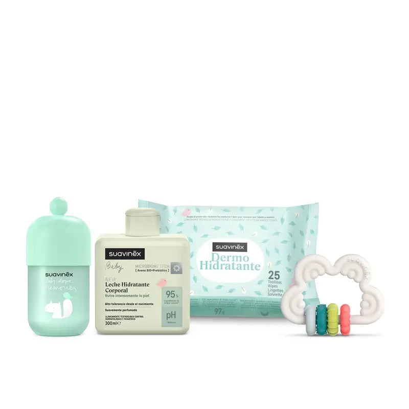 Suavinex Baby Gift Baby Milk 300 Ml + Baby Cologne Memories 100 Ml + Wipes + Teether, Pink