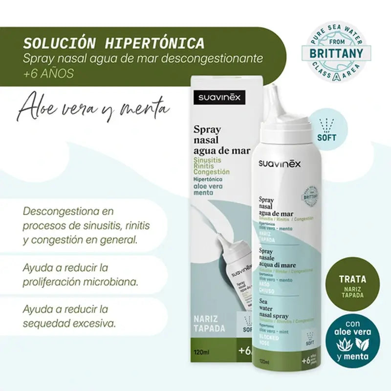Suavinex Nasal Decongestant Spray With Seawater +6A, 120 ml