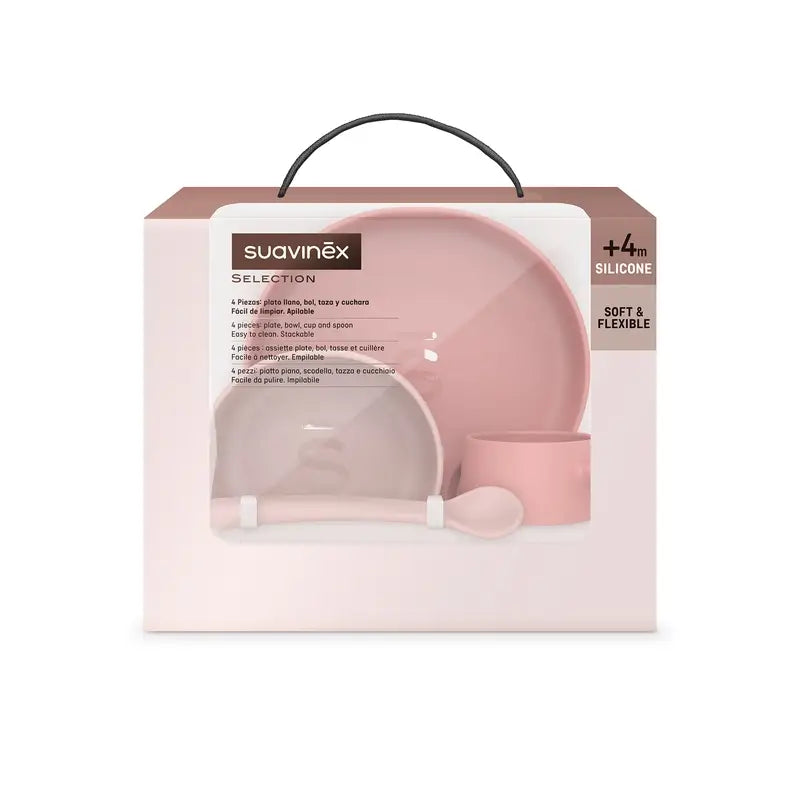 Suavinex Silicone Tableware 4 Pieces With Suction Cup, +4 Months, Pink