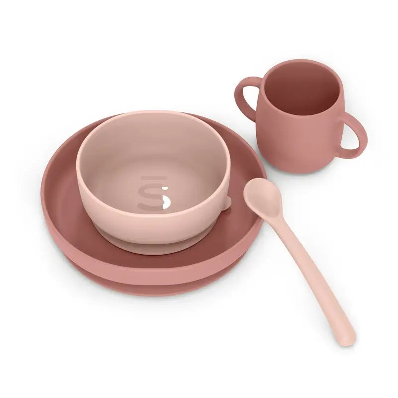 Suavinex Silicone Tableware 4 Pieces With Suction Cup, +4 Months, Pink