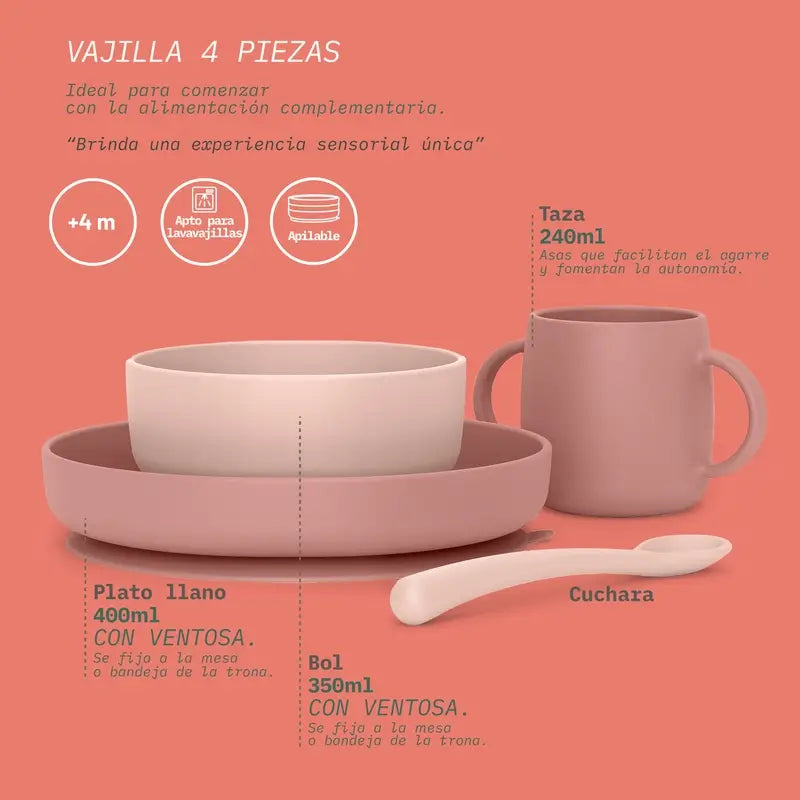 Suavinex Silicone Tableware 4 Pieces With Suction Cup, +4 Months, Pink