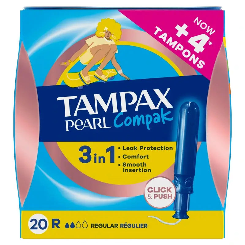 Tampax Pearl Compak Regular Tampons With Applicator, 20 Units