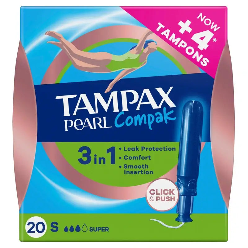 Tampax Pearl Compak Super Tampons With Applicator, 20 Units