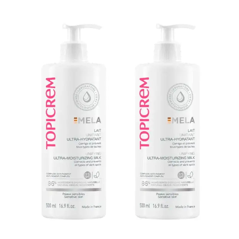 Topicrem Mela Ultra-Moisturising Body Milk , spf15 , Pack 2 x 500 ml