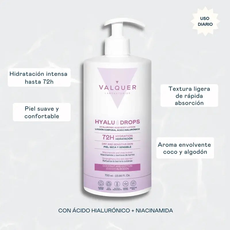 Valquer Hyaludrops Coconut and Cotton Body Lotion – 72-hour Moisturisation, 700 ml