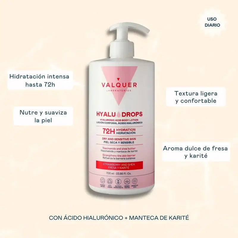 Valquer Hyaludrops Strawberry and Shea Butter Body Lotion – 72-hour Moisturisation, 700 ml