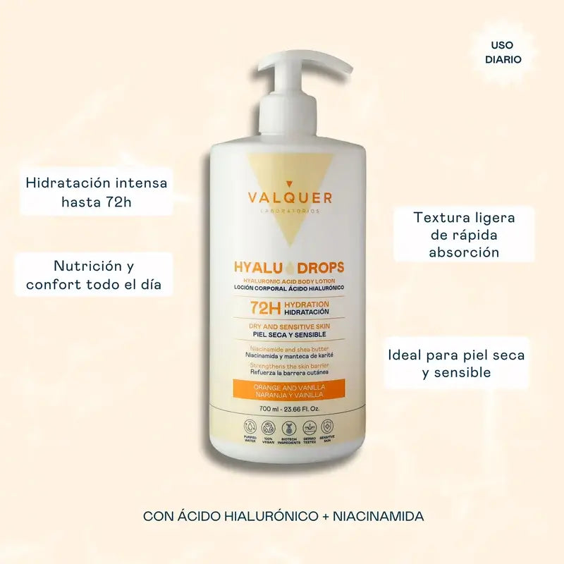 Valquer Hyaludrops Orange and Vanilla Body Lotion – 72-hour Moisturisation, 700 ml