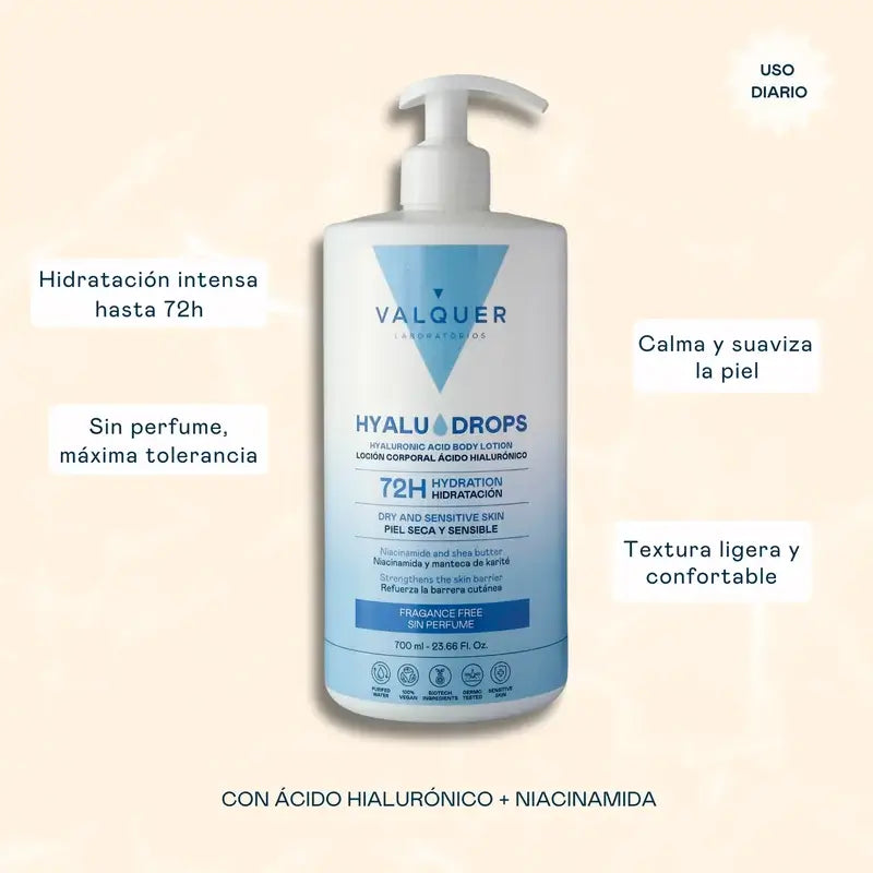 Valquer Hyaludrops Fragrance-Free Body Lotion, 72-hour Moisturisation, 700 ml