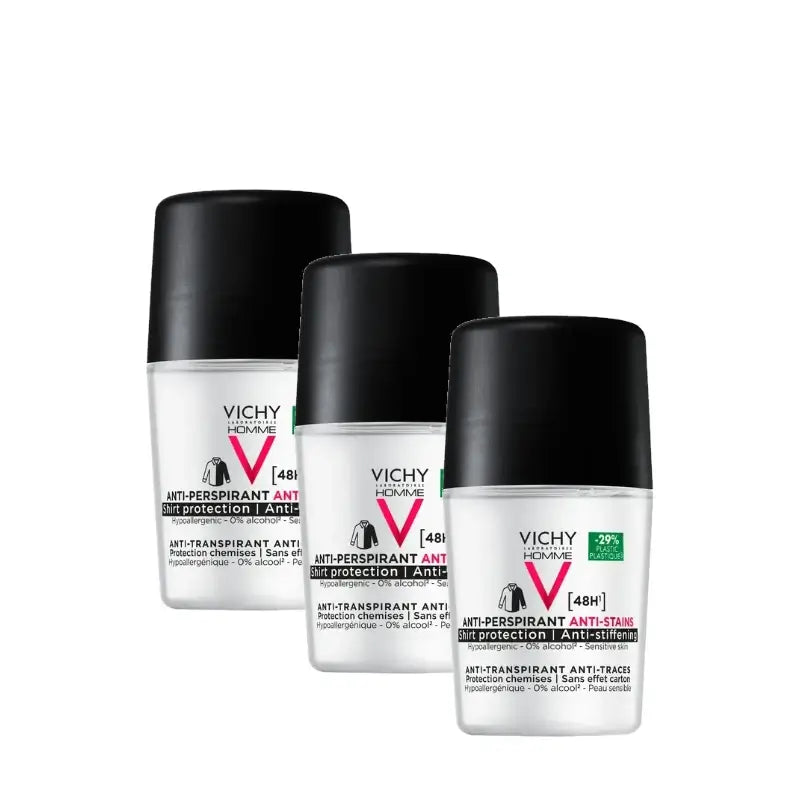 Vichy Homme 48-Hour Anti-Perspirant and Anti-Stain Roll-On Deodorant 50 ml, pack of 3