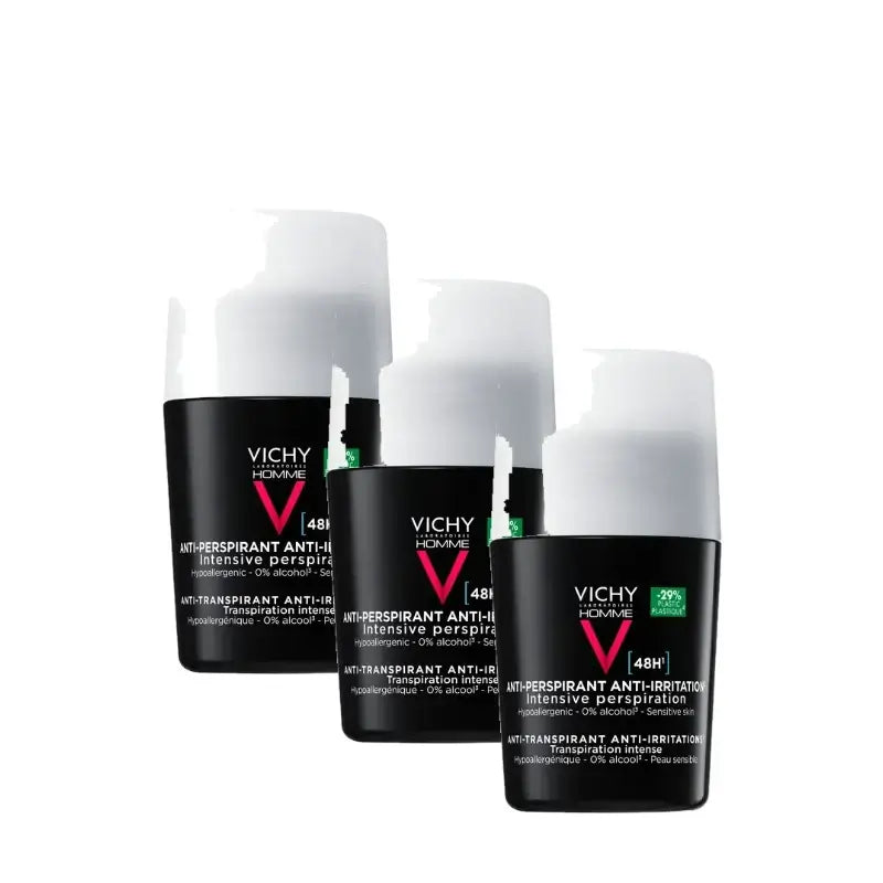 Vichy Homme 48-Hour Deodorant for Sensitive Skin, Roll-On, 50 ml, pack of 3