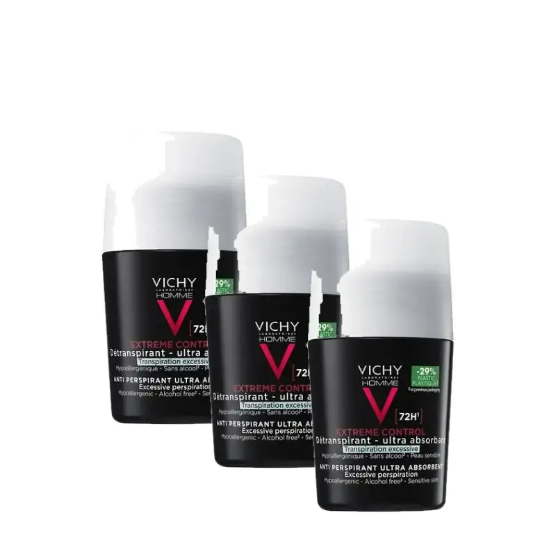 Vichy Homme Extreme Control 72-Hour Anti-Perspirant Deodorant Roll-On 50 ml, pack of 3