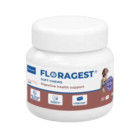 Virbac Floragest® Soft Chews – Digestive supplement for medium-sized dogs. 1 jar of 30 chews