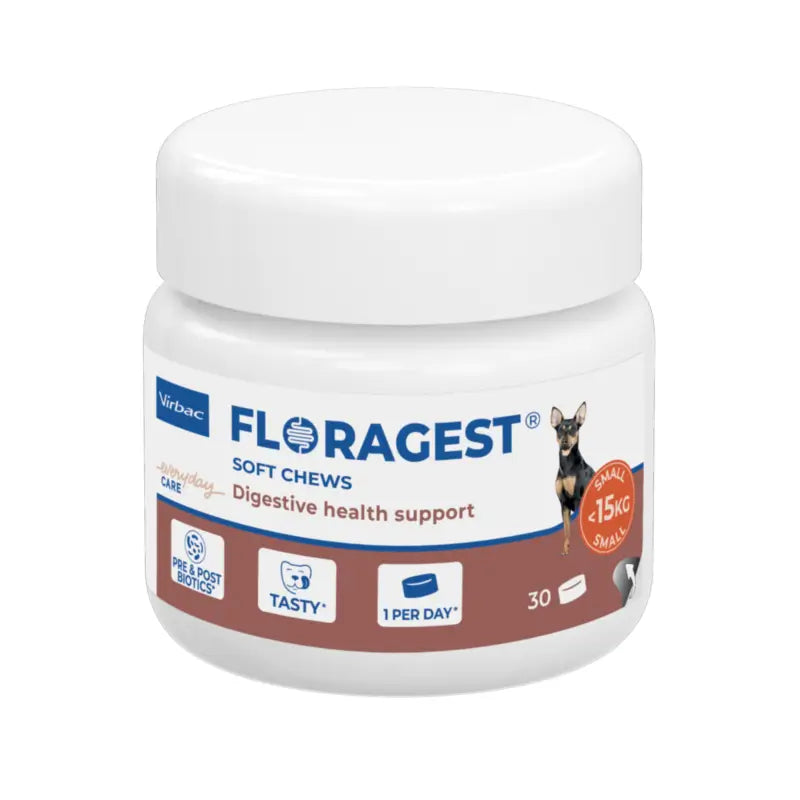 Virbac Floragest® Soft Chews – Digestive supplement for small dogs. 1 jar of 30 chews