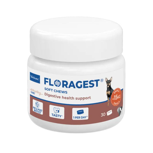 Virbac Floragest® Soft Chews – Digestive supplement for small dogs. 1 jar of 30 chews