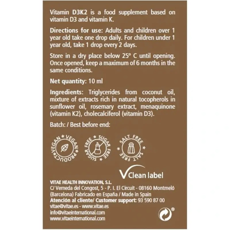 Vitae Vitamin D3K2 10ml – Vitamin D3 and K2 for bones and the immune system