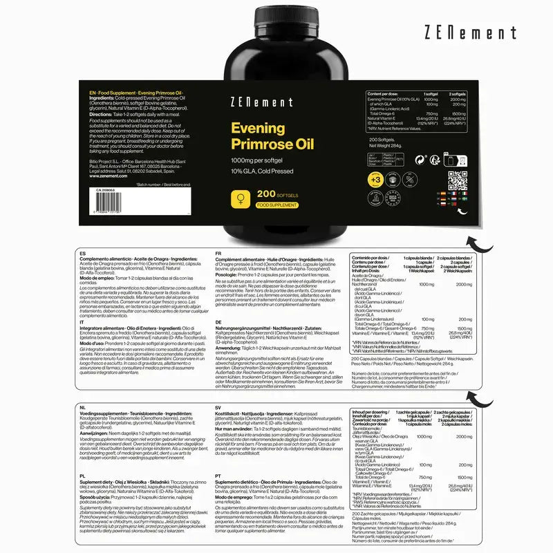 Zenement Evening Primrose Oil 1000 mg, 200 softgels