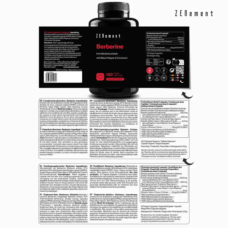 Zenement Berberine With Black Pepper And Chromium, 120 vegan capsules