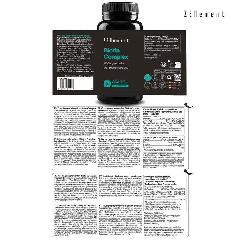 Zenement Biotin Complex With Selenium And Zinc, 365 vegan tablets