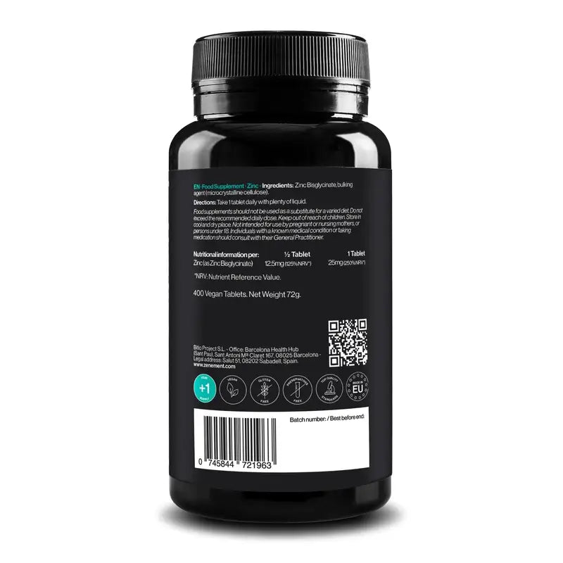 Zenement Zinc Bisglycinate, 400 vegan tablets