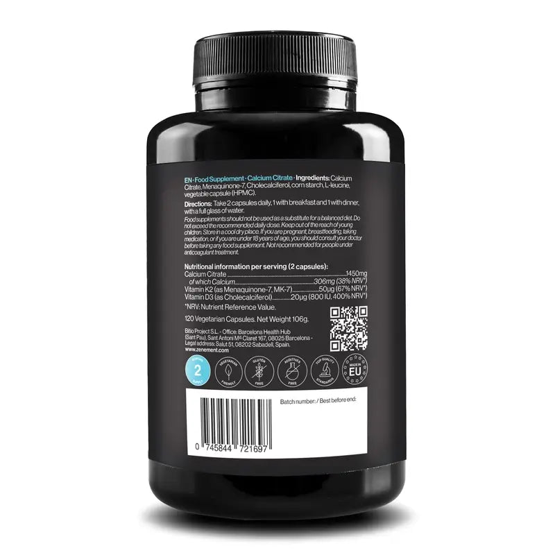 Zenement Calcium Citrate Vitamin D3 & K2, 120 vegetarian capsules