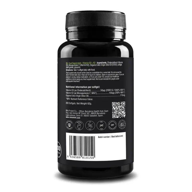 Zenement Vitamin D3 + K2, 2000 Ui AND 150 µg Mk-7, 200 softgels